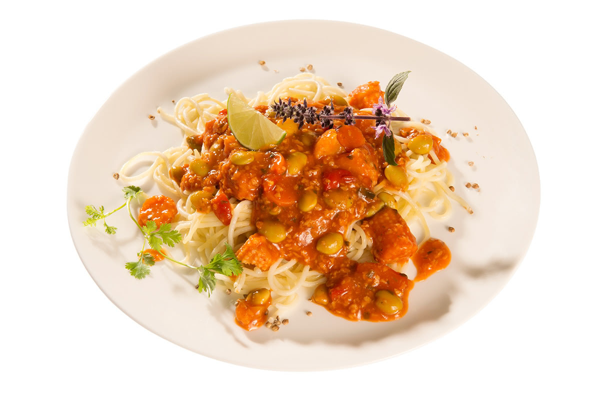 Veggie Filet in Mango-Zwiebel-Chutney dazu Stampfkartoffeln