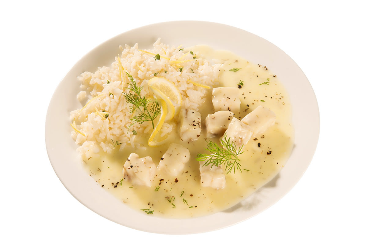 Seelachs-Nuggets in Zitronen-Dillsoße dazu Reis
